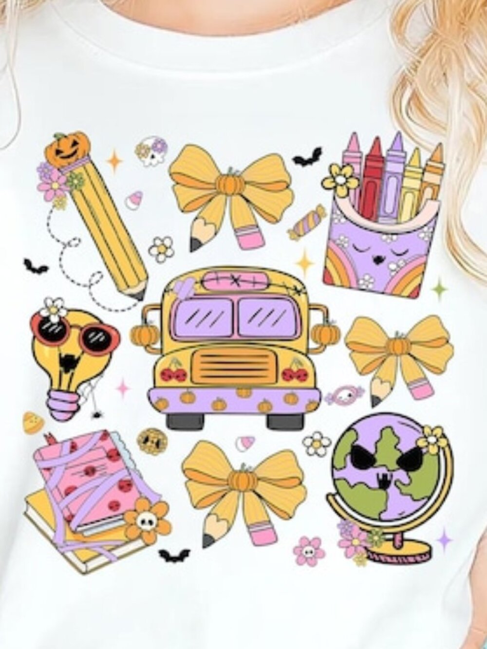 Coquette Bow Teacher Tee, Pumpkin School Supplies Kids Shirt - Picture 2 of 4